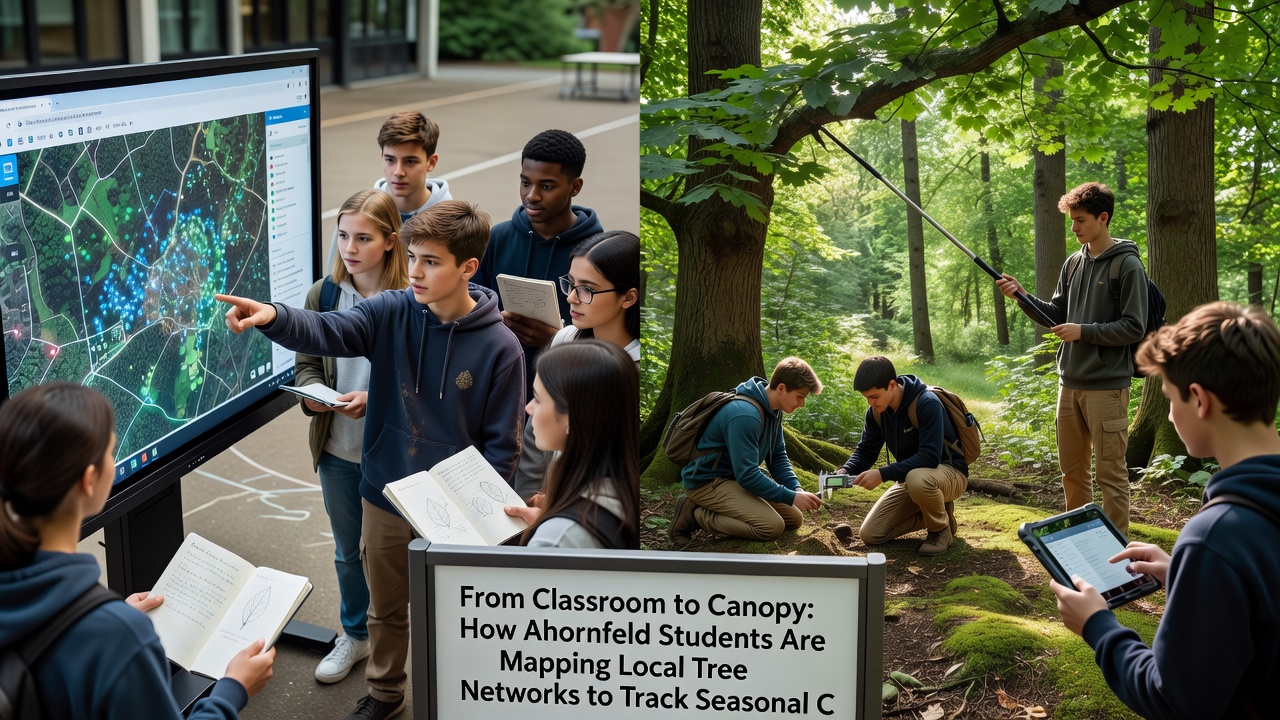 Close-up view of student teams installing temperature loggers and mapping canopy changes in an Ahornfeld woodland plot